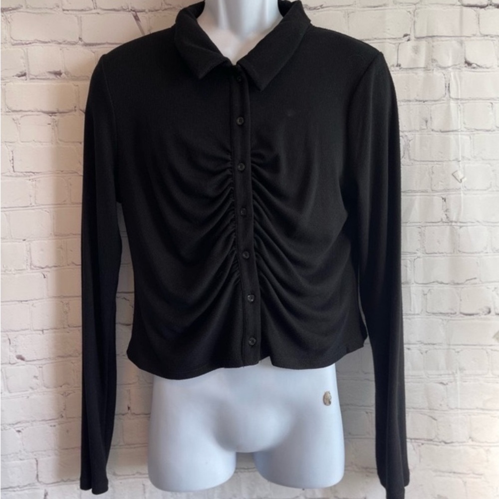Calvin Klein Black Ruched Button-Down Shirt Size XL